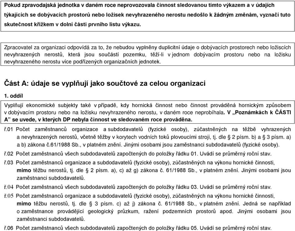 Zpracovatel za organizaci odpovídá za to, že nebudou vyplněny duplicitní údaje o dobývacích prostorech nebo ložiscích nevyhrazených nerostů, která jsou součástí pozemku, těží-li v jednom dobývacím