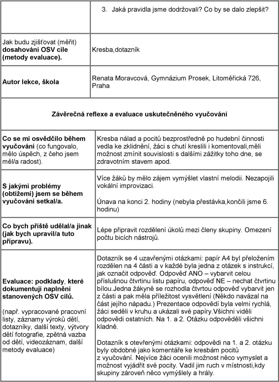 mělo úspěch, z čeho jsem měl/a radost). S jakými problémy (obtížemi) jsem se během vyučování setkal/a. Co bych příště udělal/a jinak (jak bych upravil/a tuto přípravu).