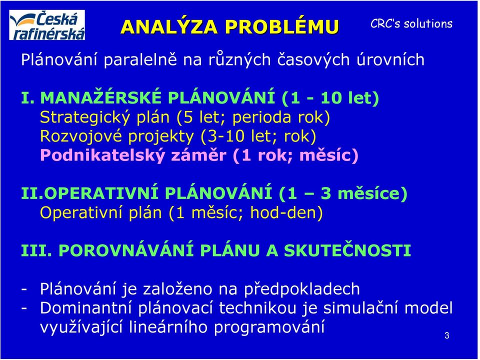 Podnikatelský záměr (1 rok; měsíc) II.OPERATIVNÍ PLÁNOVÁNÍ (1 3 měsíce) Operativní plán (1 měsíc; hod-den) III.