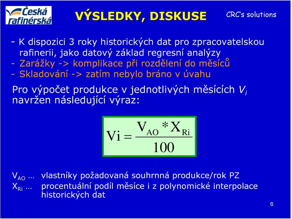 Pro výpočet produkce v jednotlivých měsících V i navržen následující výraz: Vi = V AO *X 100 Ri V AO X Ri