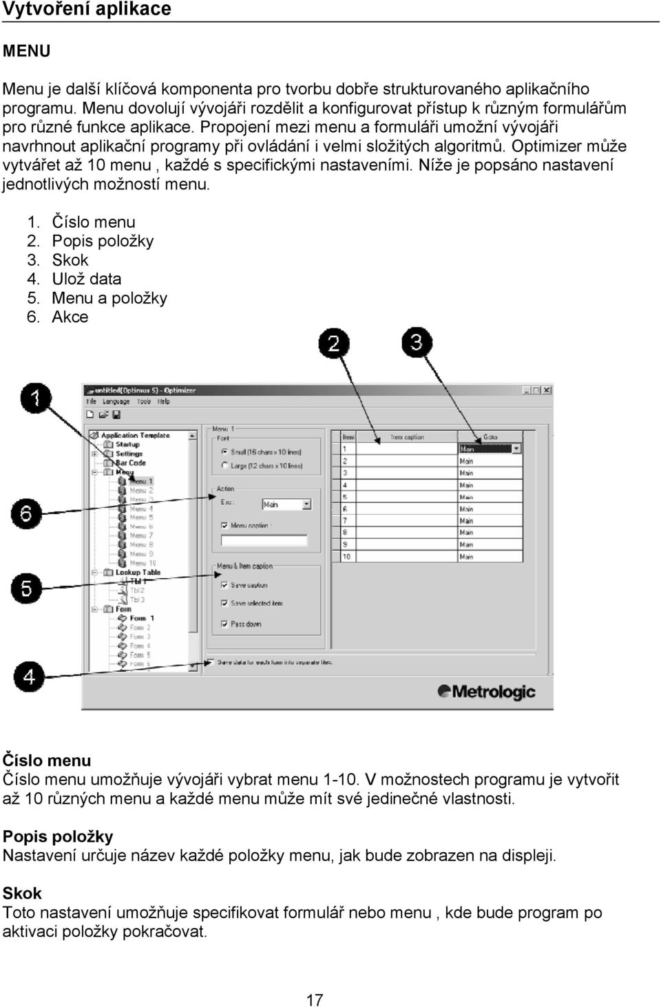 Níže je popsáno nastavení jednotlivých možností menu. 1. Číslo menu 2. Popis položky 3. Skok 4. Ulož data 5. Menu a položky 6. Akce Číslo menu Číslo menu umožňuje vývojáři vybrat menu 1-10.
