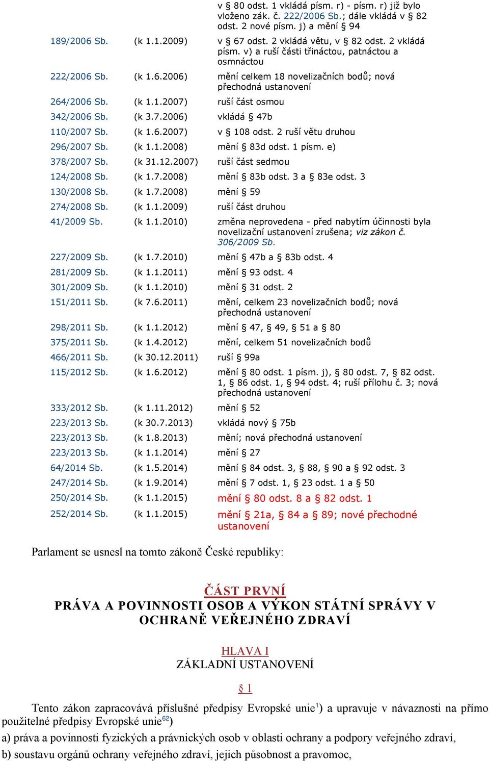 (k 3.7.2006) vkládá 47b 110/2007 Sb. (k 1.6.2007) v 108 odst. 2 ruší větu druhou 296/2007 Sb. (k 1.1.2008) mění 83d odst. 1 písm. e) 378/2007 Sb. (k 31.12.2007) ruší část sedmou 124/2008 Sb. (k 1.7.2008) mění 83b odst.