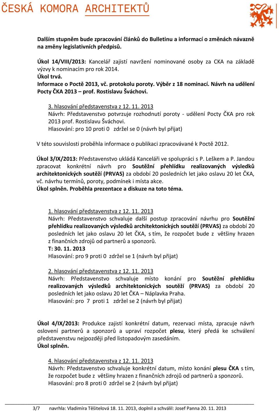 Návrh na udělení Pocty ČKA 2013 prof. Rostislavu Šváchovi. 3. hlasování představenstva z 12. 11. 2013 Návrh: Představenstvo potvrzuje rozhodnutí poroty - udělení Pocty ČKA pro rok 2013 prof.