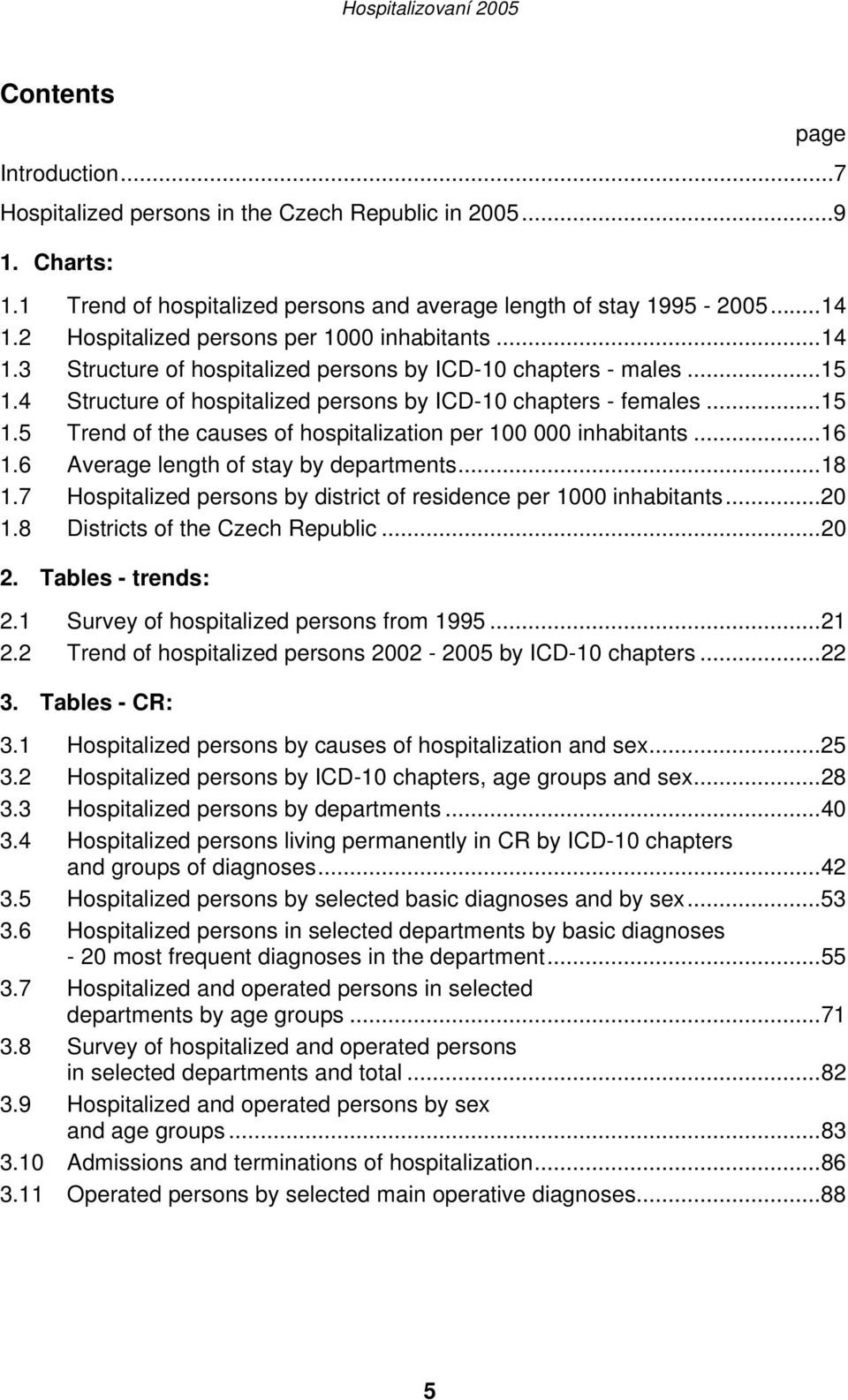 ..16 1.6 Average length of stay by departments...18 1.7 Hospitalized persons by district of residence per 1000 inhabitants...20 1.8 Districts of the Czech Republic...20 2. Tables - trends: 2.