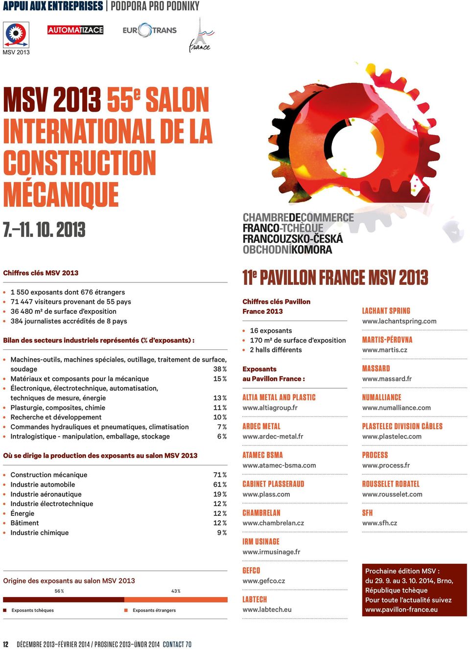 représentés ( d exposants) : Machines-outils, machines spéciales, outillage, traitement de surface, soudage 38 % Matériaux et composants pour la mécanique 15 % Électronique, électrotechnique,