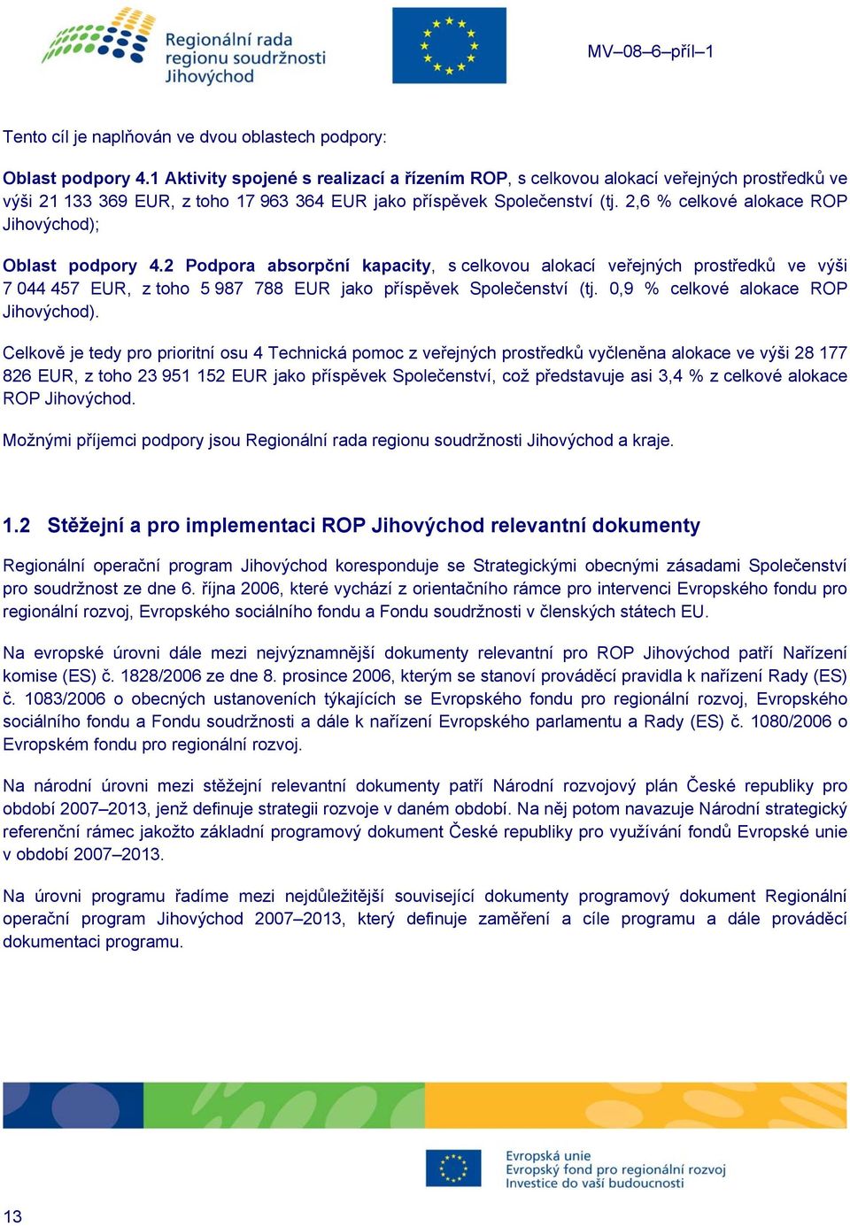 2,6 % celkové alokace ROP Jihovýchod); Oblast podpory 4.