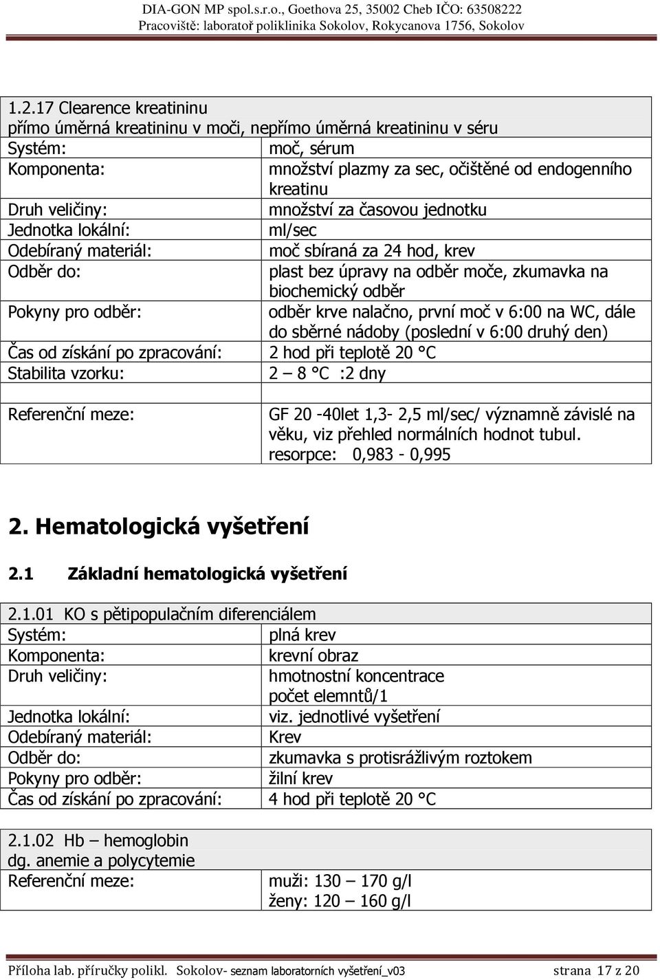 v 6:00 na WC, dále do sběrné nádoby (poslední v 6:00 druhý den) Čas od získání po zpracování: 2 hod při teplotě 20 C Stabilita vzorku: 2 8 C :2 dny GF 20-40let 1,3-2,5 ml/sec/ významně závislé na