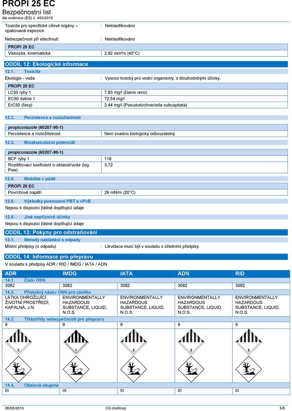 7,83 mg/l (Danio rerio) 72,54 mg/l 2,44 mg/l (Pseudokirchneriella subcapitata) 12.2. Perzistence a rozložitelnost propiconazole (60207-90-1) Perzistence a rozložitelnost Není snadno biologicky odbouratelný.