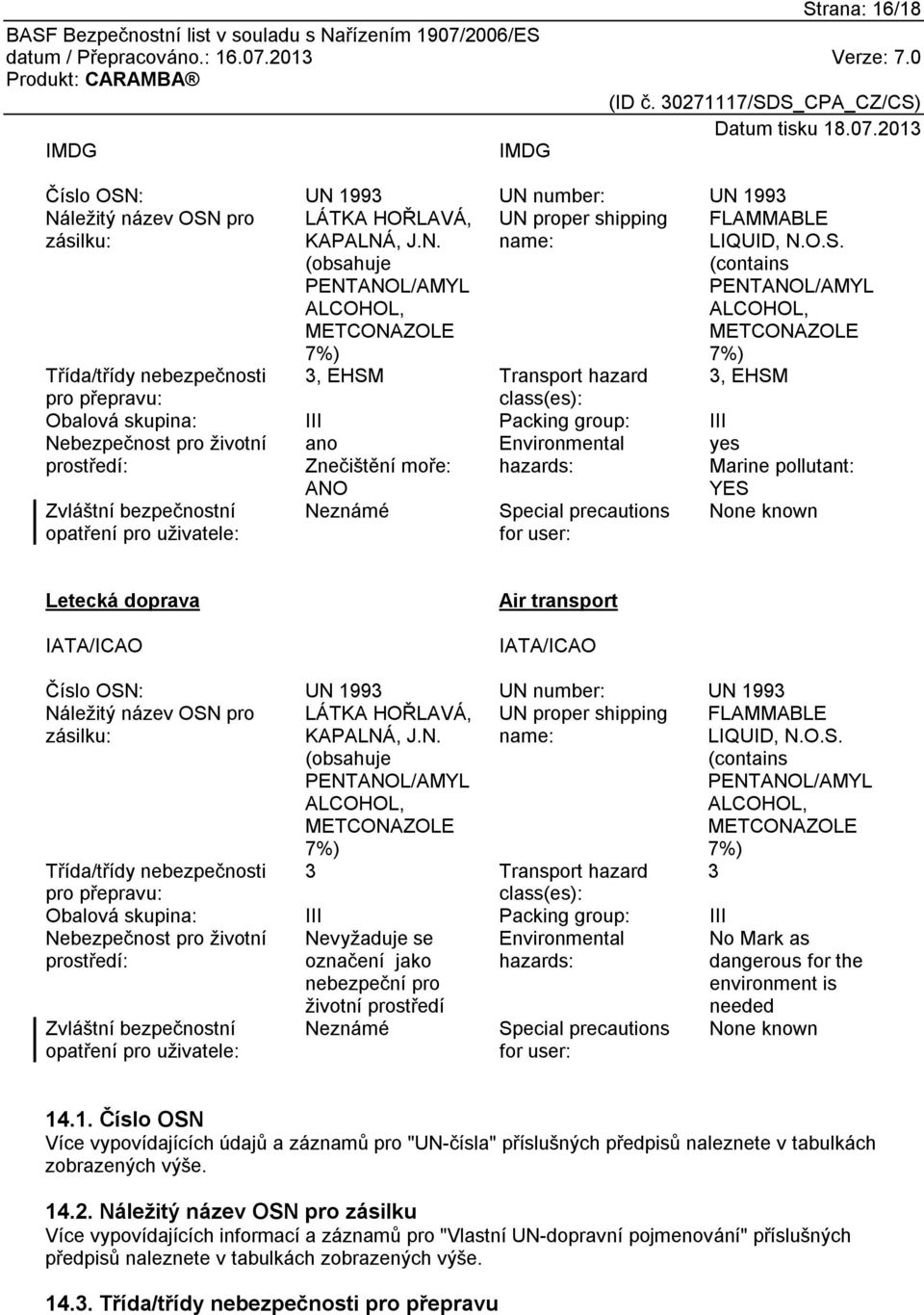 životní prostředí: ano Znečištění moře: Environmental hazards: Zvláštní bezpečnostní opatření pro uživatele: ANO Neznámé Special precautions for user: yes Marine pollutant: YES None known Letecká
