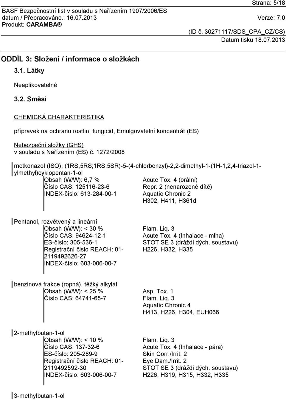 1272/2008 metkonazol (ISO); (1RS,5RS;1RS,5SR)-5-(4-chlorbenzyl)-2,2-dimethyl-1-(1H-1,2,4-triazol-1- ylmethyl)cyklopentan-1-ol Obsah (W/W): 6,7 % Acute Tox. 4 (orální) Číslo CAS: 125116-23-6 Repr.