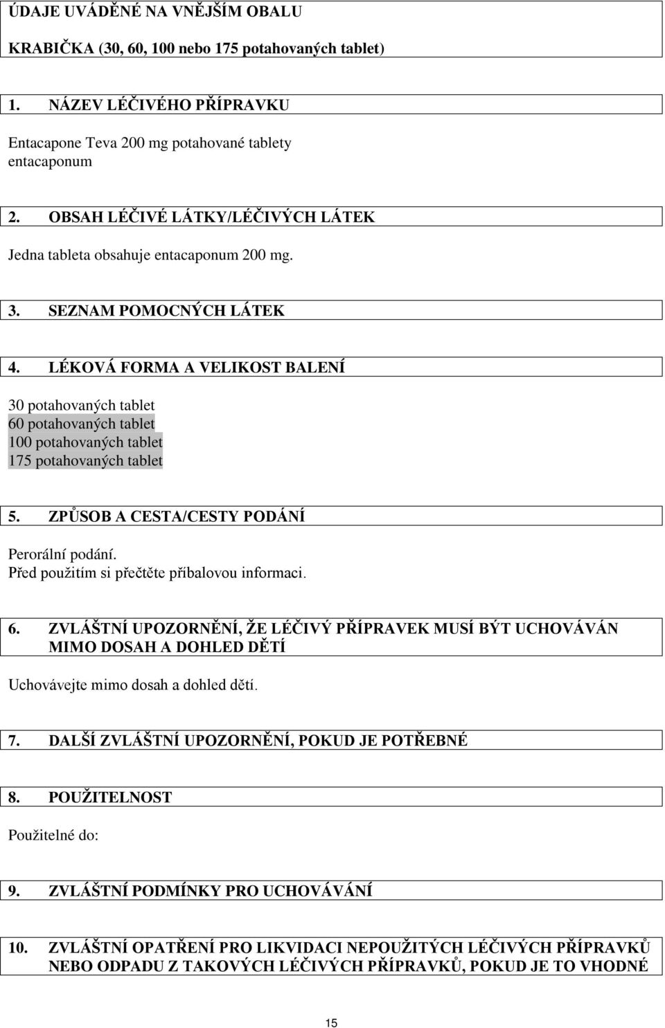 LÉKOVÁ FORMA A VELIKOST BALENÍ 30 potahovaných tablet 60 potahovaných tablet 100 potahovaných tablet 175 potahovaných tablet 5. ZPŮSOB A CESTA/CESTY PODÁNÍ Perorální podání.