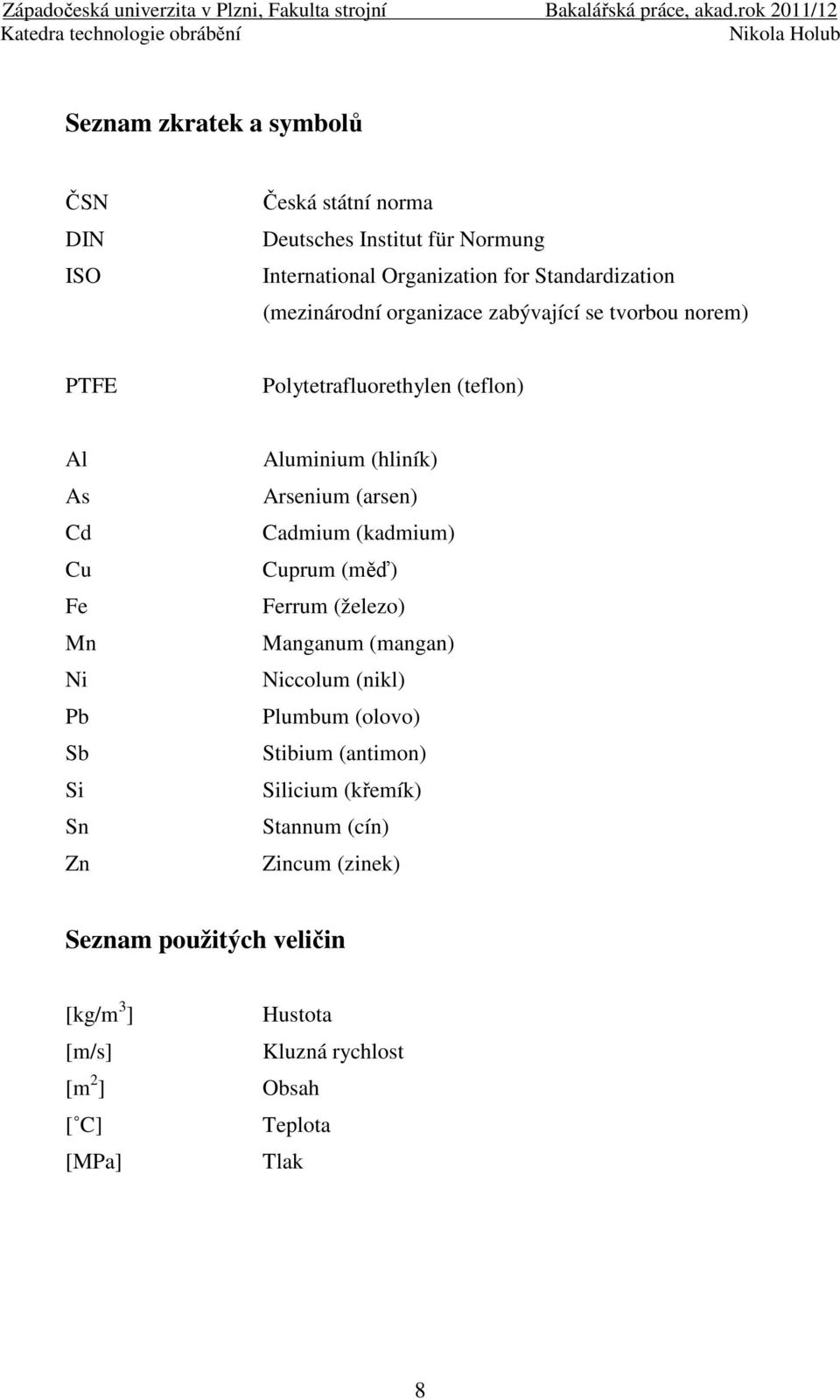(hliník) Arsenium (arsen) Cadmium (kadmium) Cuprum (měď) Ferrum (železo) Manganum (mangan) Niccolum (nikl) Plumbum (olovo) Stibium