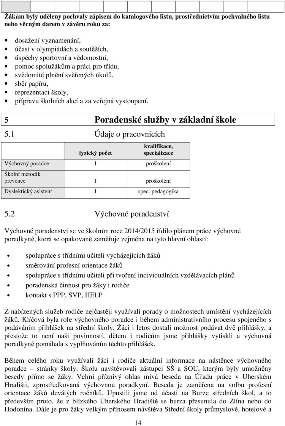 5 Poradenské služby v základní škole 5.1 Údaje o pracovnících fyzický počet kvalifikace, specializace Výchovný poradce 1 proškolení Školní metodik prevence 1 proškolení Dyslektický asistent 1 spec.