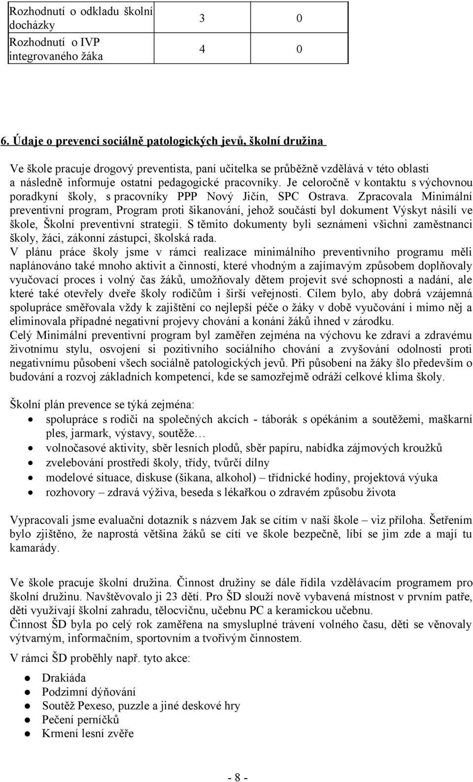 pracovníky. Je celoročně v kontaktu s výchovnou poradkyní školy, s pracovníky PPP Nový Jičín, SPC Ostrava.