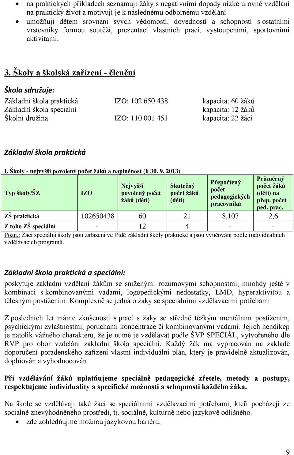 Školy a školská zařízení - členění Škola sdružuje: Základní škola praktická IZO: 102 650 438 kapacita: 60 žáků Základní škola speciální kapacita: 12 žáků Školní družina IZO: 110 001 451 kapacita: 22