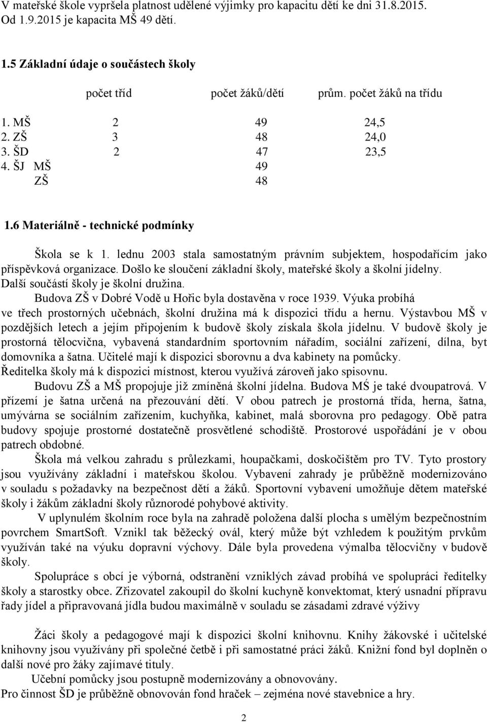 lednu 2003 stala samostatným právním subjektem, hospodařícím jako příspěvková organizace. Došlo ke sloučení základní školy, mateřské školy a školní jídelny. Další součástí školy je školní družina.