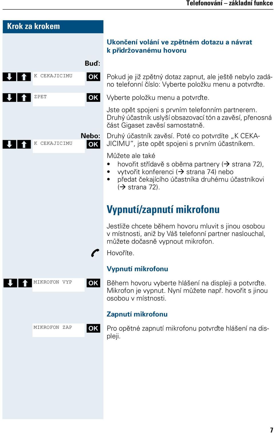 Druhý účastník uslyší obsazovací tón a zavěsí, přenosná část Gigaset zavěsí samostatně. Druhý účastník zavěsí. Poté co potvrdíte K CEKA- JICIMU, jste opět spojeni s prvním účastníkem.