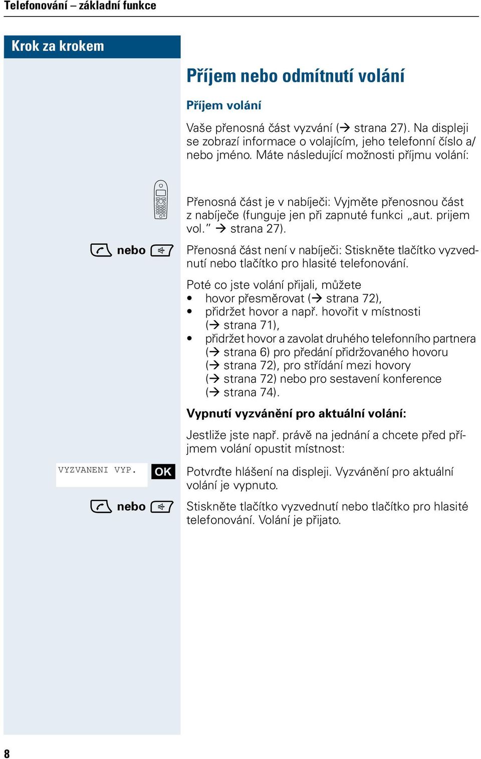 nebo Přenosná část není v nabíječi: Stiskněte tlačítko vyzvednutí nebo tlačítko pro hlasité telefonování. Poté co jste volání přijali, můžete hovor přesměrovat ( strana 72), přidržet hovor a např.