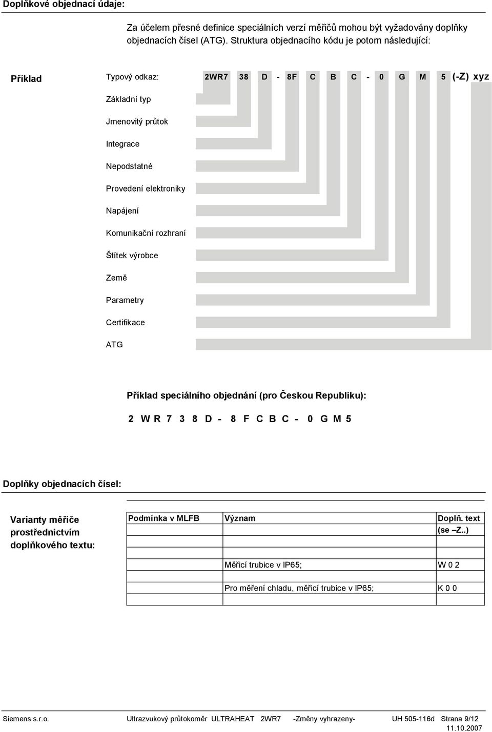 Napájení Komunika ní rozhraní Štítek výrobce Zem Parametry Certifikace ATG P íklad speciálního objednání (pro eskou Republiku): 2 W R 7 3 8 D - 8 F C B C - 0 G M 5 Dopl ky objednacích ísel: