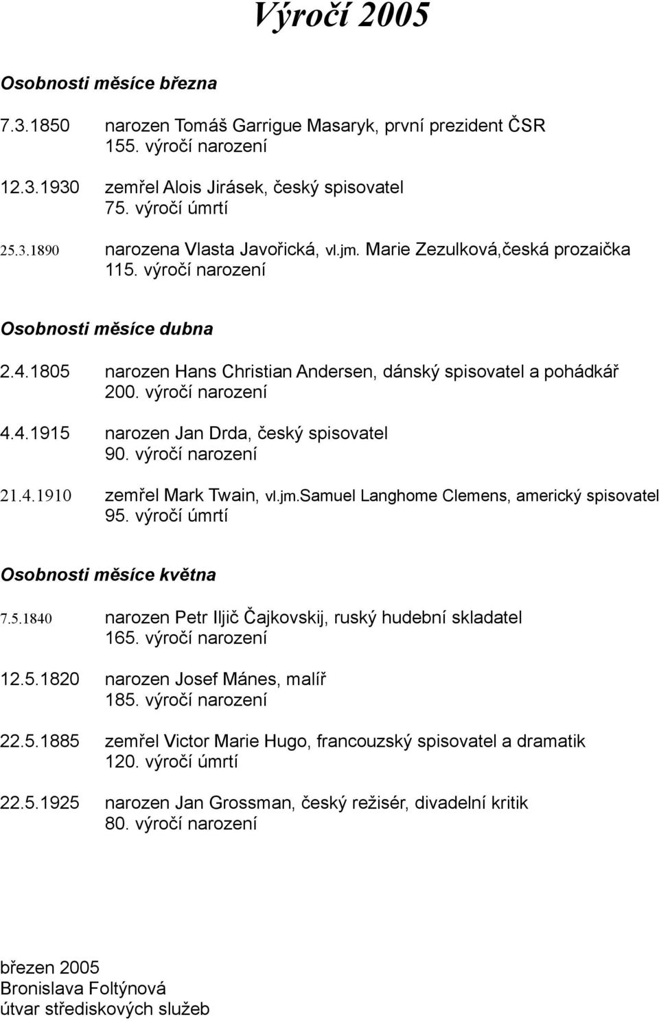 výročí narození 21.4.1910 zemřel Mark Twain, vl.jm.samuel Langhome Clemens, americký spisovatel 95. výročí úmrtí Osobnosti měsíce května 7.5.1840 narozen Petr Iljič Čajkovskij, ruský hudební skladatel 165.