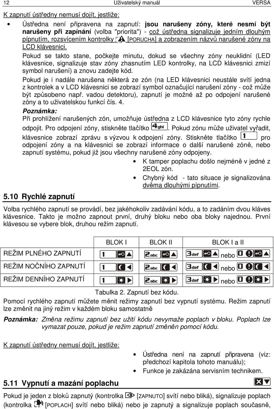 Pokud se takto stane, počkejte minutu, dokud se všechny zóny neuklidní (LED klávesnice, signalizuje stav zóny zhasnutím LED kontrolky, na LCD klávesnici zmizí symbol narušení) a znovu zadejte kód.