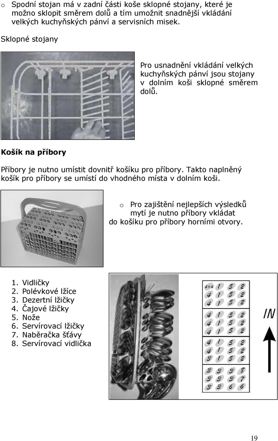 Košík na příbory Příbory je nutno umístit dovnitř košíku pro příbory. Takto naplněný košík pro příbory se umístí do vhodného místa v dolním koši.