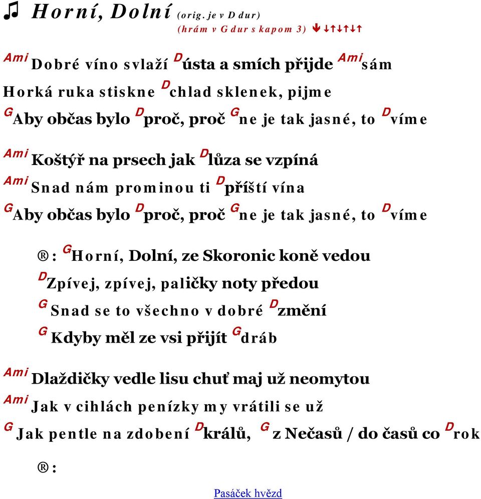 G ne je tak jasné, to D víme Ami Koštýř na prsech jak D lůza se vzpíná Ami Snad nám prominou ti D příští vína G Aby občas bylo D proč, proč G ne je tak jasné, to