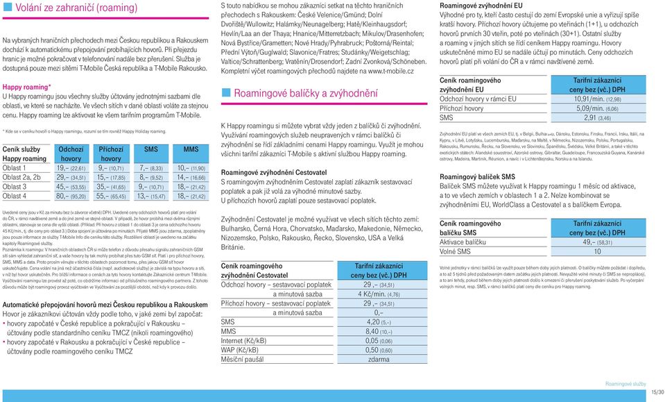 Happy roaming* U Happy roamingu jsou všechny služby účtovány jednotnými sazbami dle oblasti, ve které se nacházíte. Ve všech sítích v dané oblasti voláte za stejnou cenu.