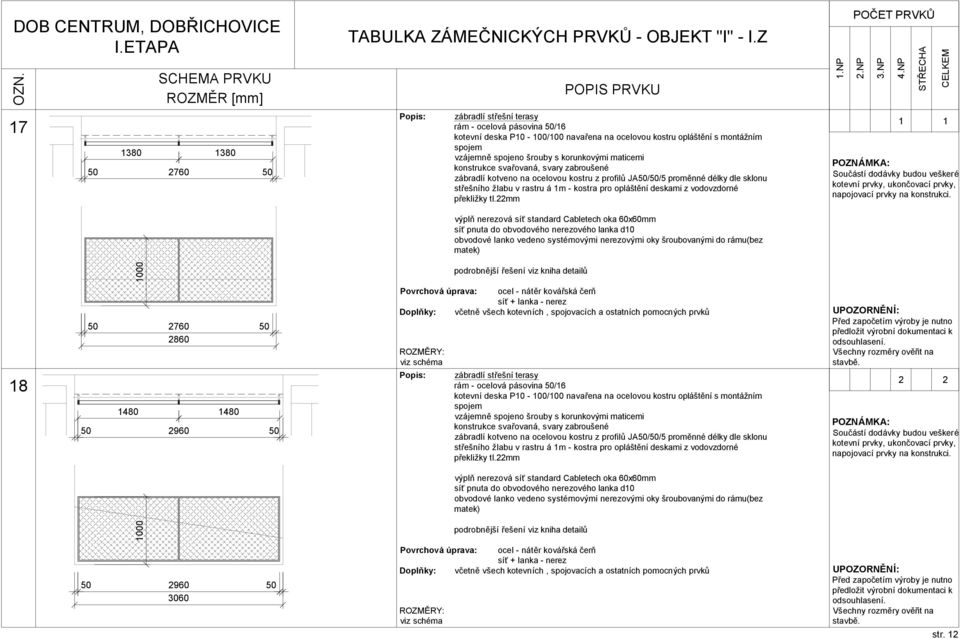 22mm obvodové lanko vedeno systémovými nerezovými oky šroubovanými do rámu(bez matek) 18 2760 2860 1480 1480 2960 zábradlí střešní terasy rám - ocelová pásovina /16 kotevní deska P10-100/100 navařena