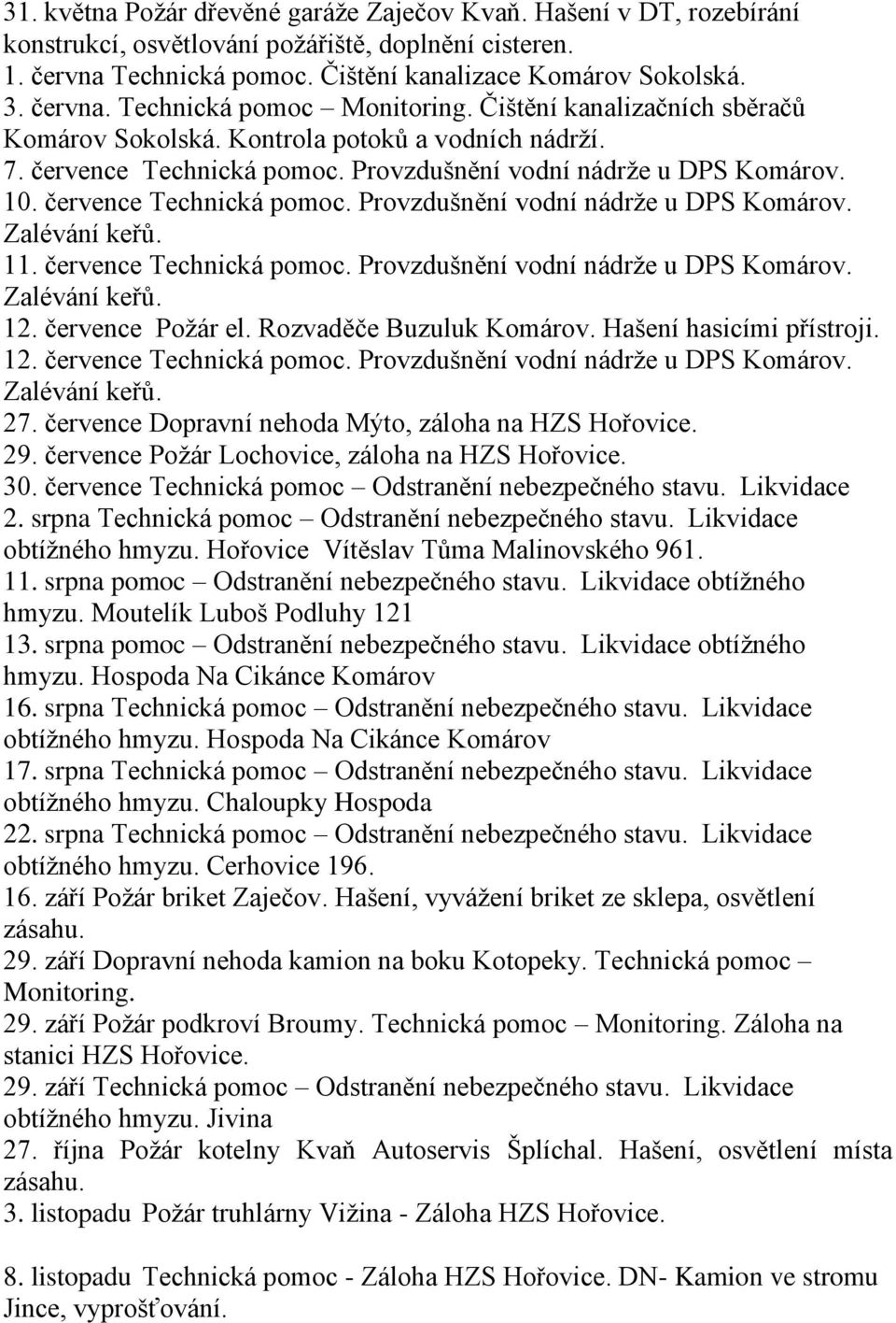 11. července Technická pomoc. Provzdušnění vodní nádrže u DPS Komárov. Zalévání keřů. 12. července Požár el. Rozvaděče Buzuluk Komárov. Hašení hasicími přístroji. 12. července Technická pomoc. Provzdušnění vodní nádrže u DPS Komárov. Zalévání keřů. 27.