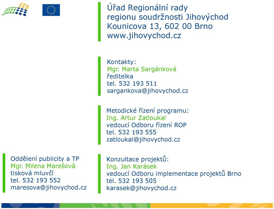 Artur Zatloukal vedoucí Odboru řízení ROP tel. 532 193 555 zatloukal@jihovychod.cz Oddělení publicity a TP Mgr.