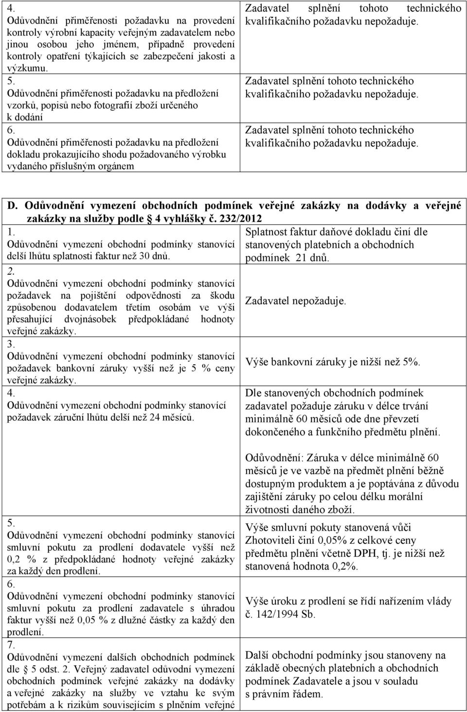 Odůvodnění vymezení obchodních podmínek veřejné zakázky na dodávky a veřejné zakázky na služby podle 4 vyhlášky č.