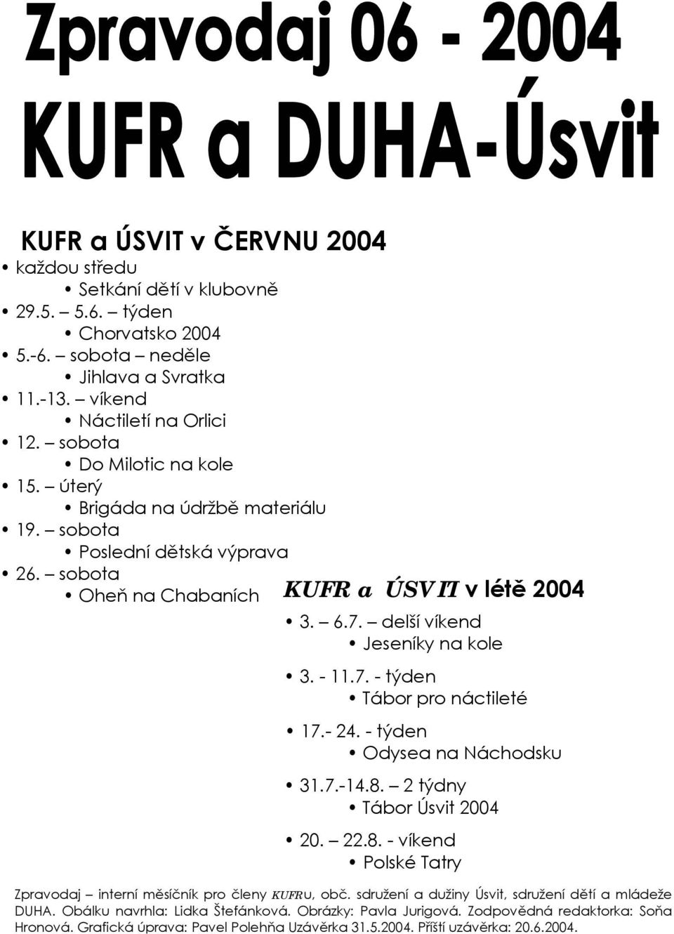 - 11.7. - týden Tábor pro náctileté 17.- 24. - týden Odysea na Náchodsku 31.7.-14.8. 2 týdny Tábor Úsvit 2004 20. 22.8. - víkend Polské Tatry Zpravodaj interní měsíčník pro členy KUFRu, obč.