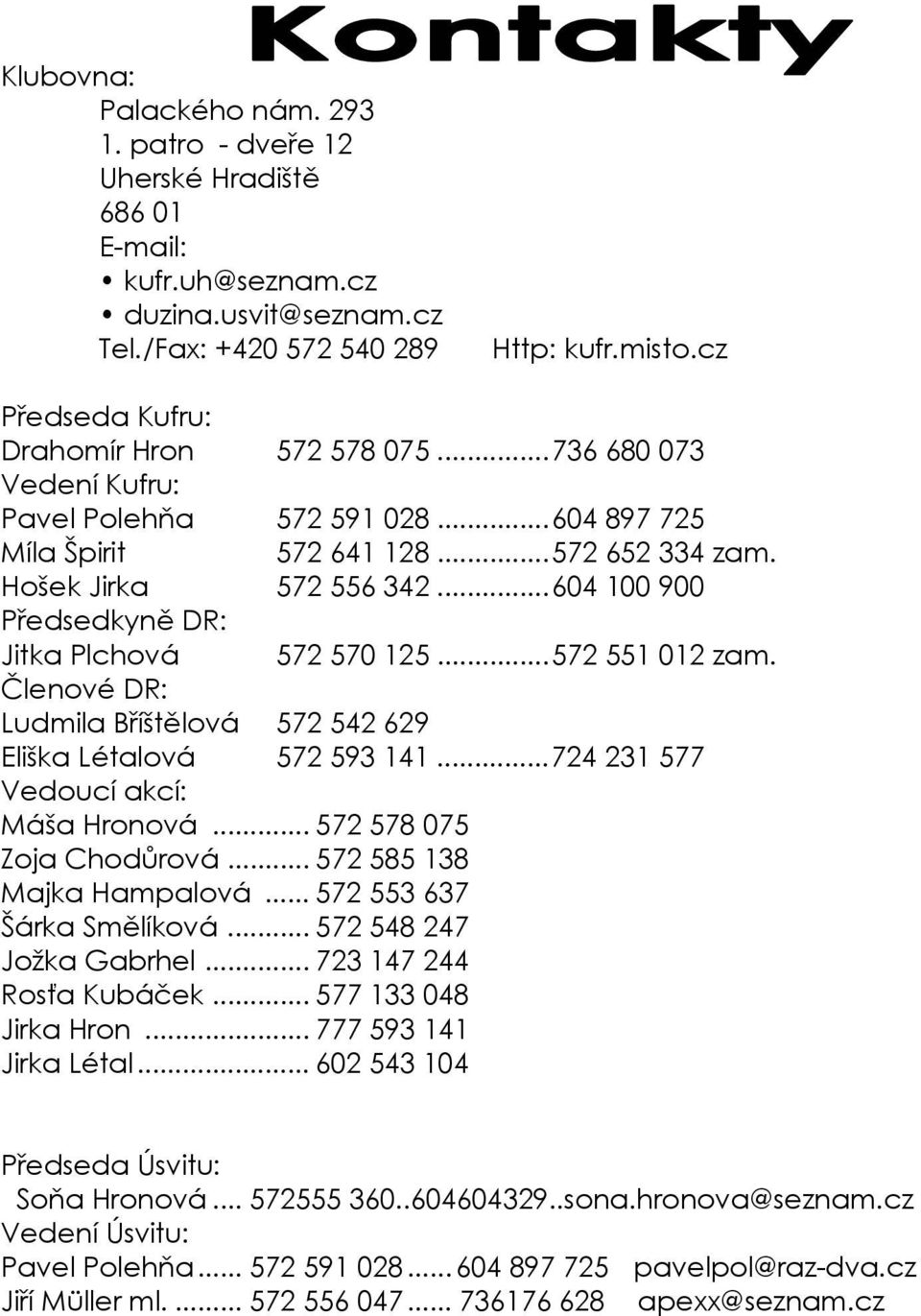 ..604 100 900 Předsedkyně DR: Jitka Plchová 572 570 125...572 551 012 zam. Členové DR: Ludmila Bříštělová 572 542 629 Eliška Létalová 572 593 141...724 231 577 Vedoucí akcí: Máša Hronová.