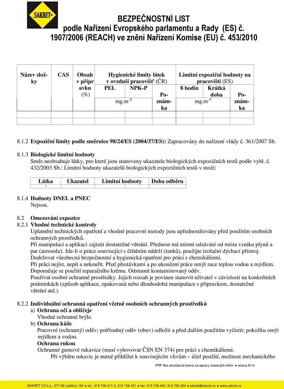 č. 432/2003 Sb.: Limitní hodnoty ukazatelů biologických expozičních testů v moči: Látka Ukazatel Limitní hodnoty Doba odběru - 8.1.4 Hodnoty DNEL a PNEC Nejsou. 8.2 Omezování expozice 8.2.1 Vhodné technické kontroly Uplatnění technických opatření a vhodné pracovní metody jsou upřednostňovány před použitím osobních ochranných prostředků.