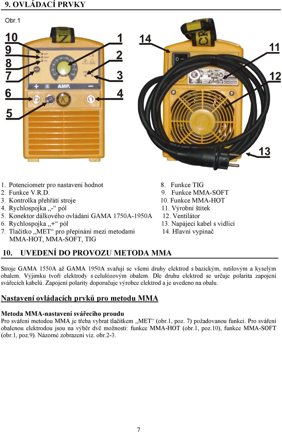 Hlavní vypínač MMA-HOT, MMA-SOFT, TIG 10. UVEDENÍ DO PROVOZU METODA MMA Stroje GAMA 1550A až GAMA 1950A svařují se všemi druhy elektrod s bazickým, rutilovým a kyselým obalem.