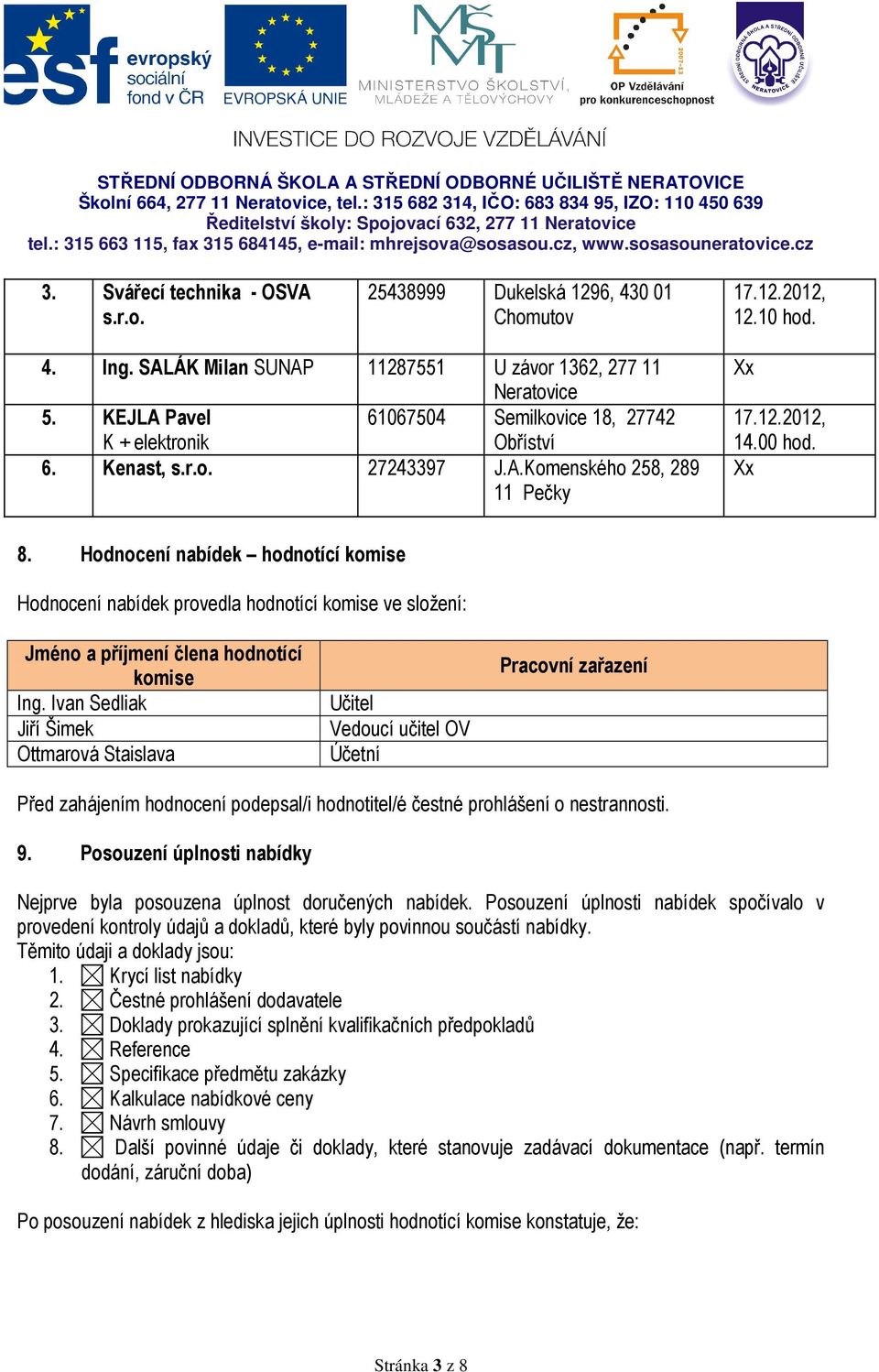 Hodnocení nabídek hodnotící komise Hodnocení nabídek provedla hodnotící komise ve složení: Jméno a příjmení člena hodnotící komise Ing.