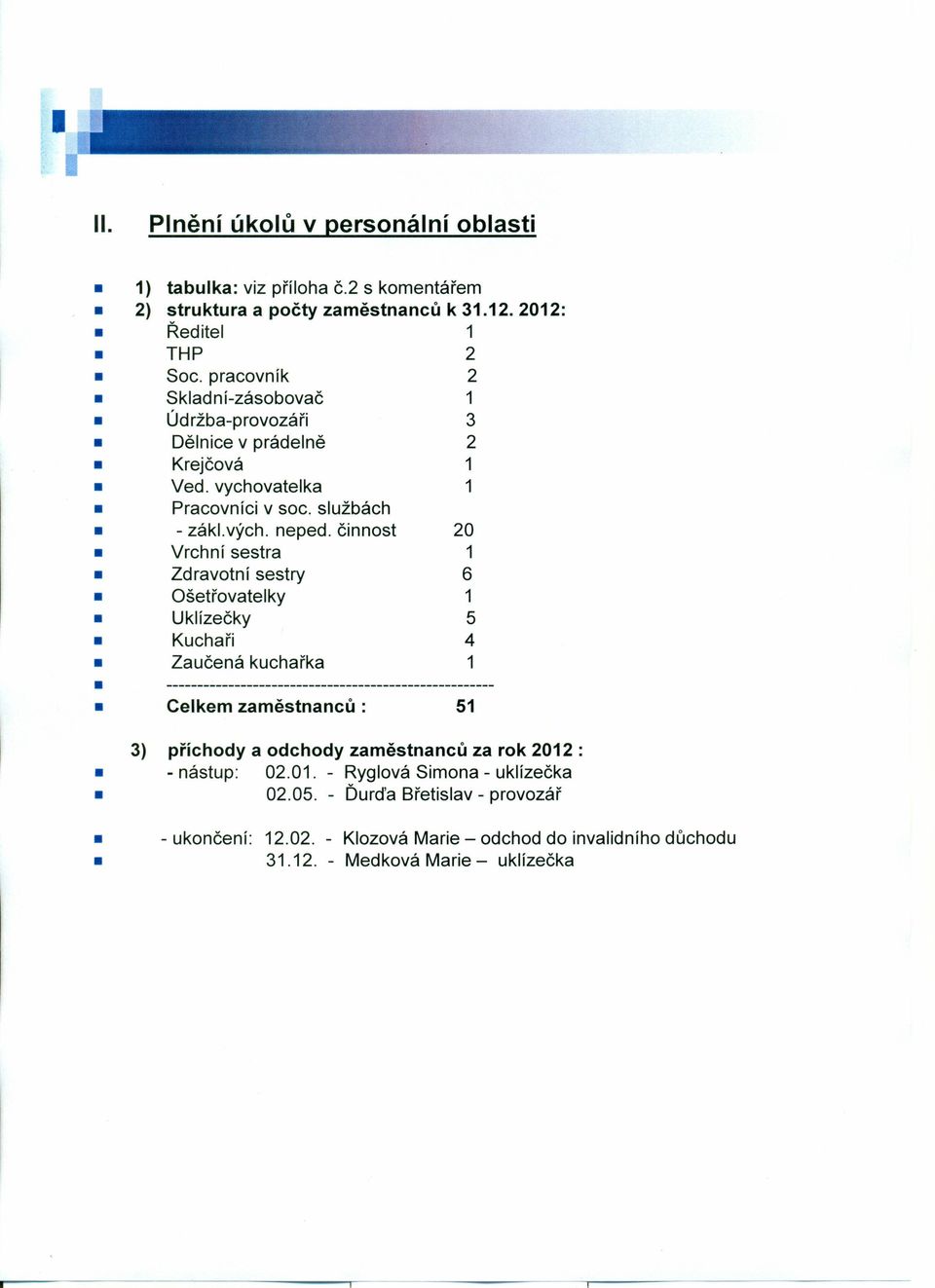 činnost 20 Vrchní sestra 1 Zdravotní sestry 6 Ošetřovatelky 1 Uklízečky 5 Kuchaři 4 Zaučená kuchařka 1 Celkem zaměstnanců: 51 3) příchody a odchody zaměstnanců za