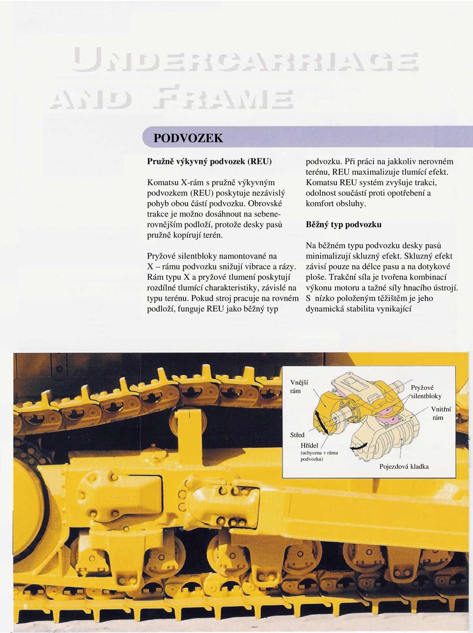 Rám typu X a pryžové tlumení poskytují rozdílné tlumící charakteristiky, závislé na typu terénu. Pokud stroj pracuje na rovném podloží, funguje REU jako běžný typ podvozku.