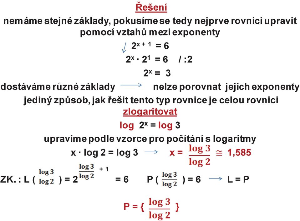 způsob, jak řešit tento typ rovnice je celou rovnici zlogaritovat log 2 x = log 3 upravíme podle