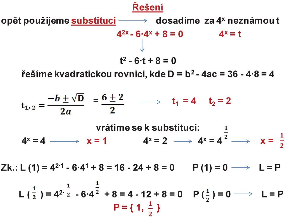 vrátíme se k substituci: 4 x = 4 x = 1 4 x = 2 4 x = 4 x = Zk.