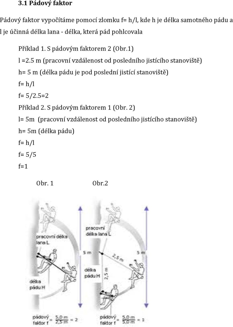 5 m (pracovní vzdálenost od posledního jistícího stanoviště) h= 5 m (délka pádu je pod poslední jistící stanoviště) f=