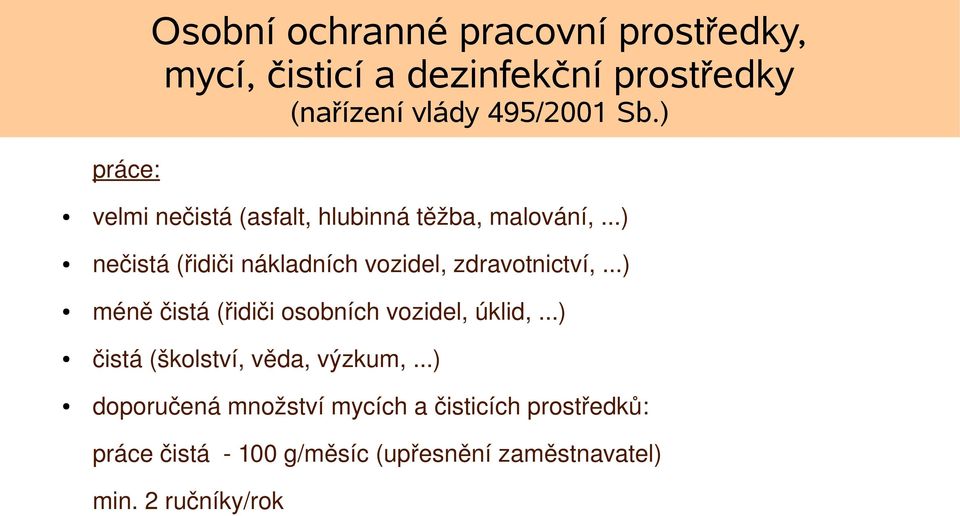 ..) nečistá (řidiči nákladních vozidel, zdravotnictví,...) méně čistá (řidiči osobních vozidel, úklid,.