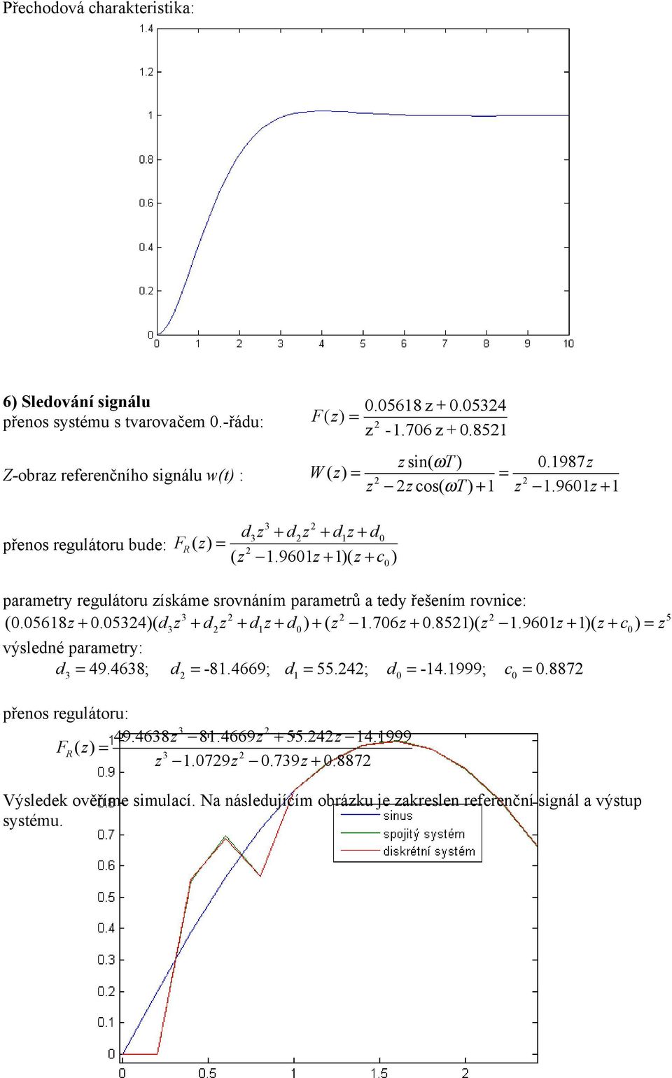 9601z 1)( z c ) 3 3 1 0 + + 0 parametry regulátoru získáme srovnáním parametrů a tedy řešením rovnice: (0.05618z + 0.0534)( d3z + dz + d1z + d0) + ( z 1.706z + 0.851)( z 1.