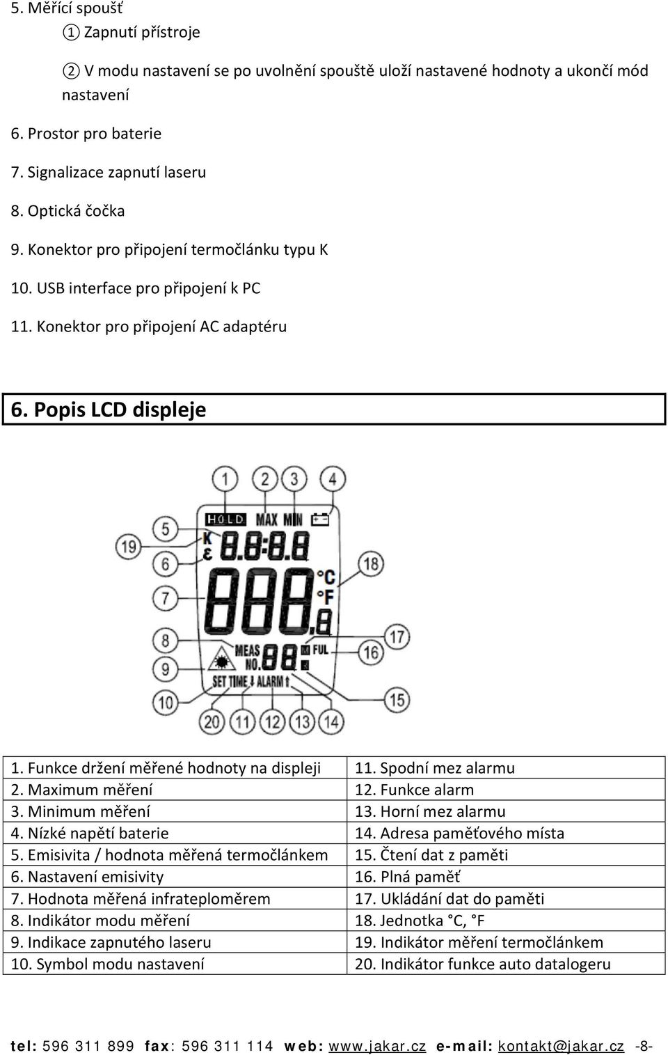 Spodní mez alarmu 2. Maximum měření 12. Funkce alarm 3. Minimum měření 13. Horní mez alarmu 4. Nízké napětí baterie 14. Adresa paměťového místa 5. Emisivita / hodnota měřená termočlánkem 15.