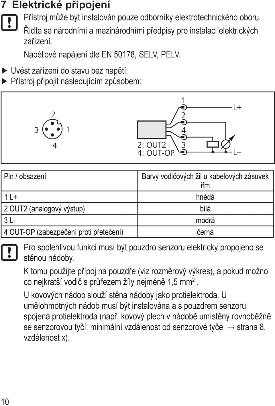 Přístroj připojit následujícím způsobem: 2 3 1 4 1 2 L+ 4 2: OUT2 4: OUT-OP 3 L Pin / obsazení Barvy vodičových žil u kabelových zásuvek ifm 1 L+ hnědá 2 OUT2 (analogový výstup) bílá 3 L- modrá 4