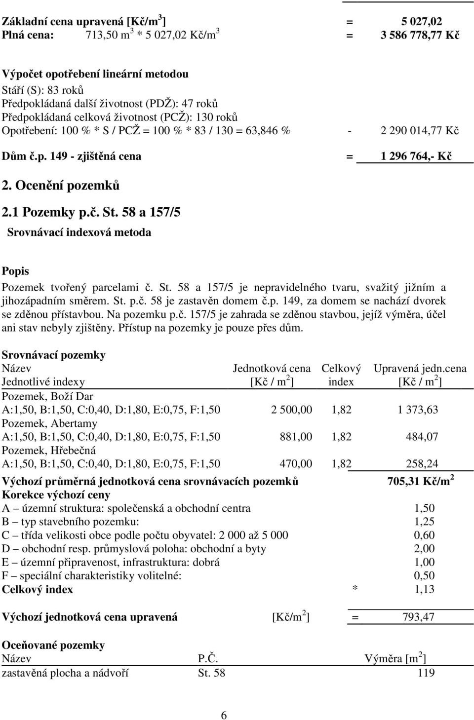 1 Pozemky p.č. St. 58 a 157/5 Srovnávací indexová metoda Popis Pozemek tvořený parcelami č. St. 58 a 157/5 je nepravidelného tvaru, svažitý jižním a jihozápadním směrem. St. p.č. 58 je zastavěn domem č.