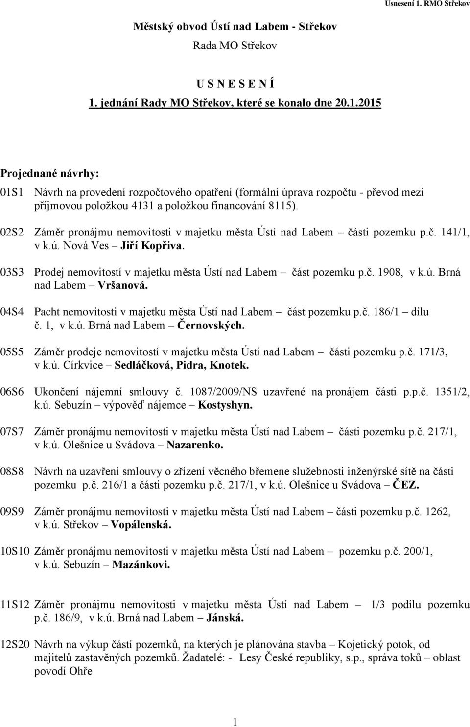 2015 Projednané návrhy: 01S1 Návrh na provedení rozpočtového opatření (formální úprava rozpočtu - převod mezi příjmovou položkou 4131 a položkou financování 8115).