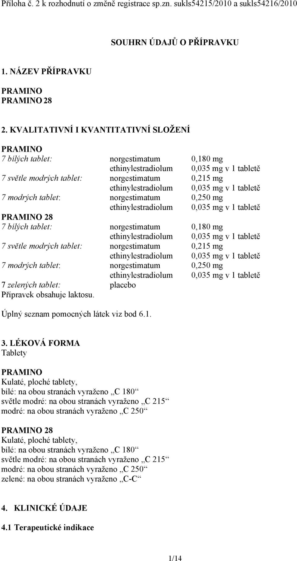 mg v 1 tabletě 7 modrých tablet: norgestimatum 0,250 mg ethinylestradiolum 0,035 mg v 1 tabletě PRAMINO 28 7 bílých tablet: norgestimatum 0,180 mg ethinylestradiolum 0,035 mg v 1 tabletě 7 světle