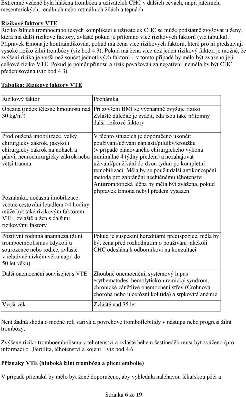 (viz tabulka). Přípravek Emona je kontraindikován, pokud má žena více rizikových faktorů, které pro ni představují vysoké riziko žilní trombózy (viz bod 4.3).